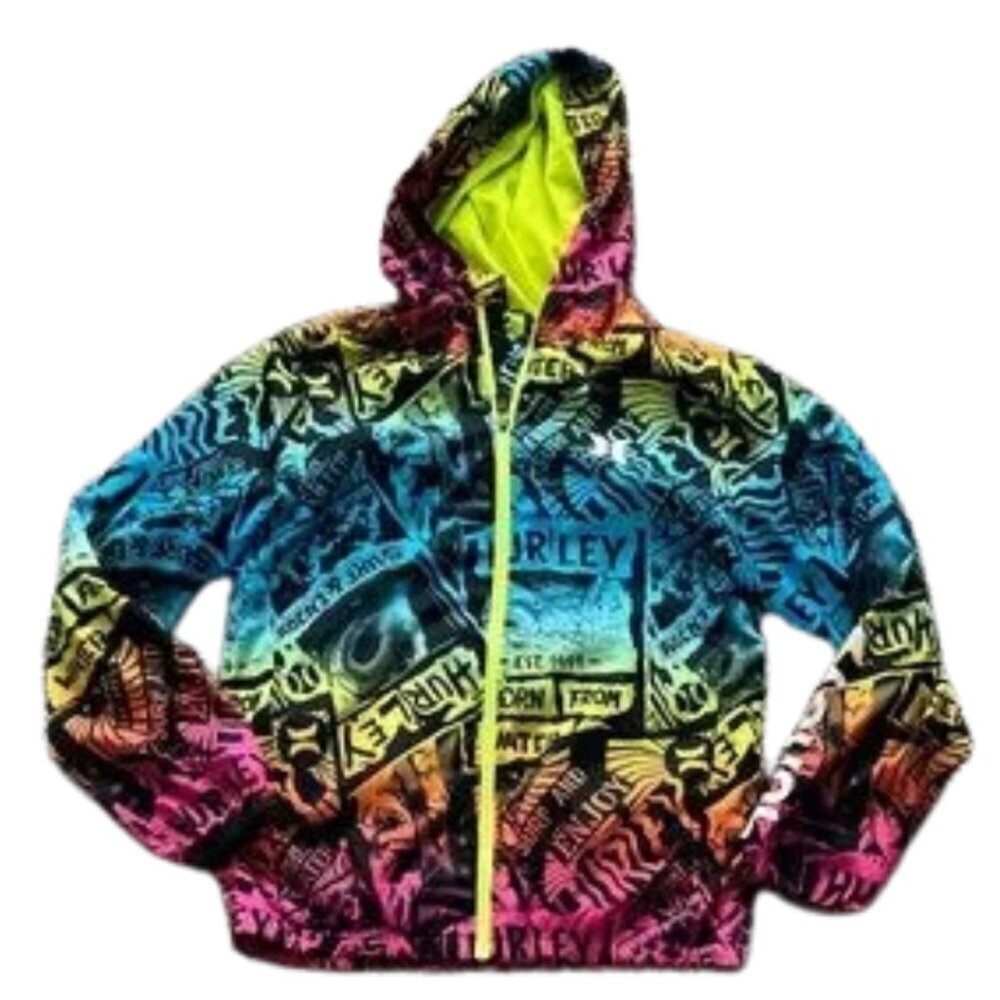 Hurley Kids Neon Multicolor Zip Hoodie Jacket with Bold Graphic Print - Size M